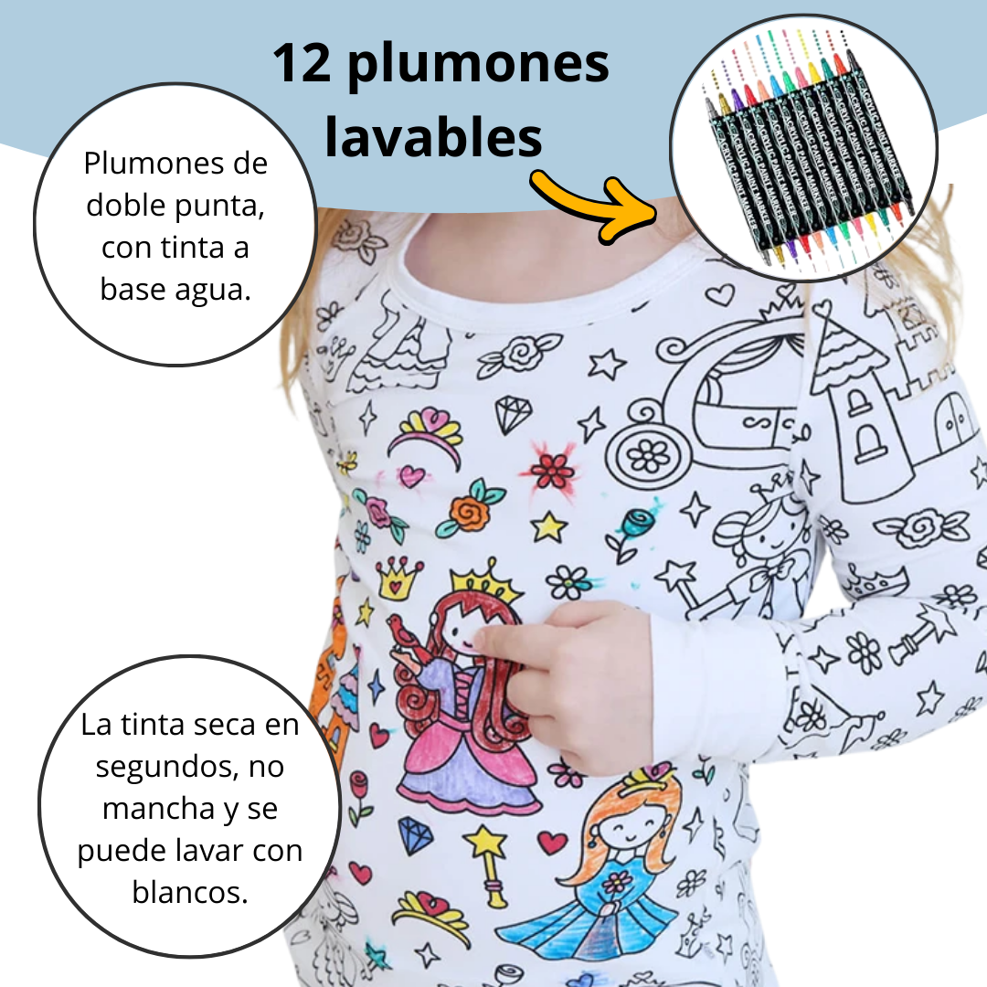 Pijamas Para Colorear Niña y Niño, con 12 Marcadores Lavables.