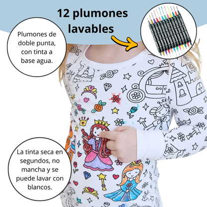 Pijamas Para Colorear Niña y Niño, con 12 Marcadores Lavables.